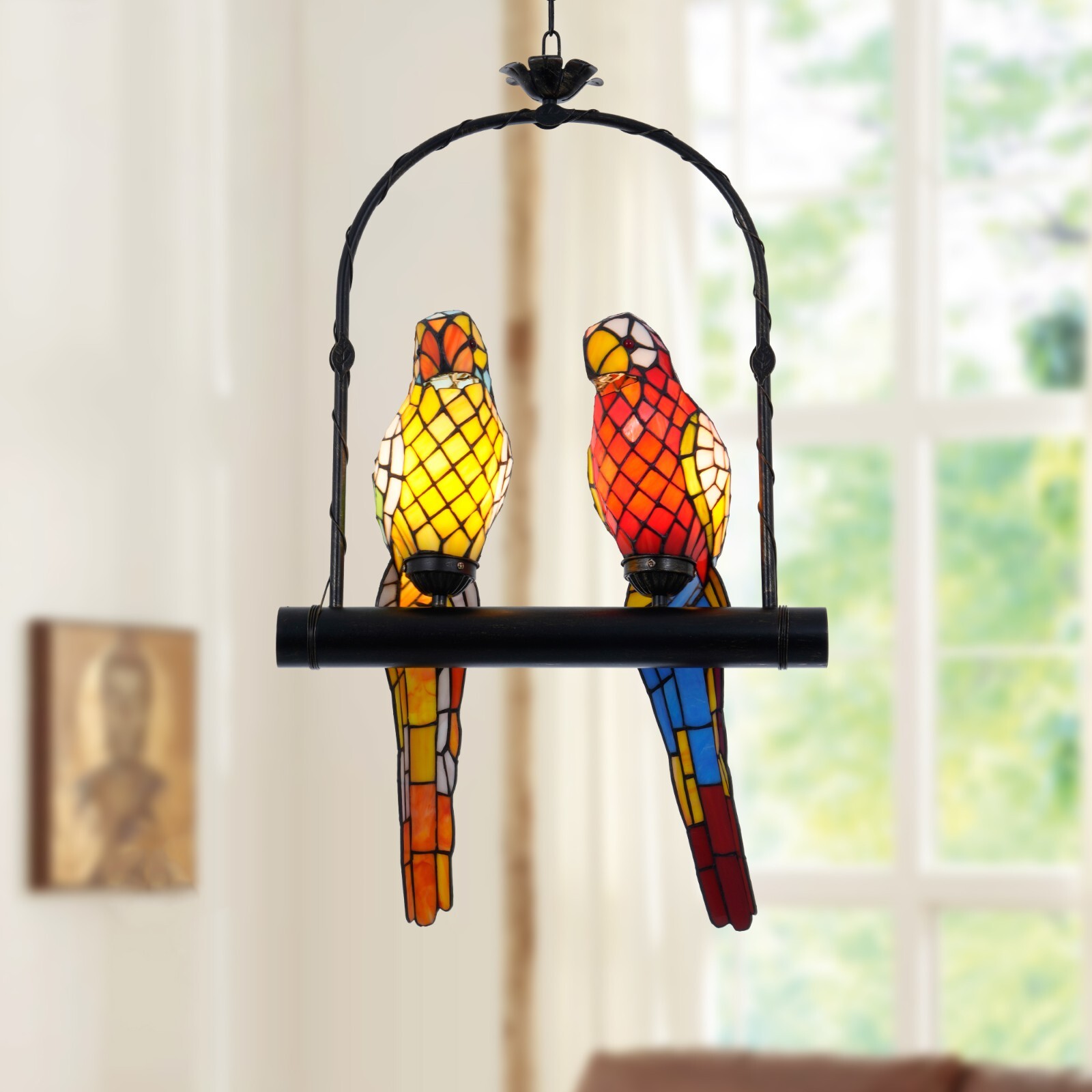 Tiffany Style Chandelier Parrot Bird Stained Glass Ceiling Pendant Light