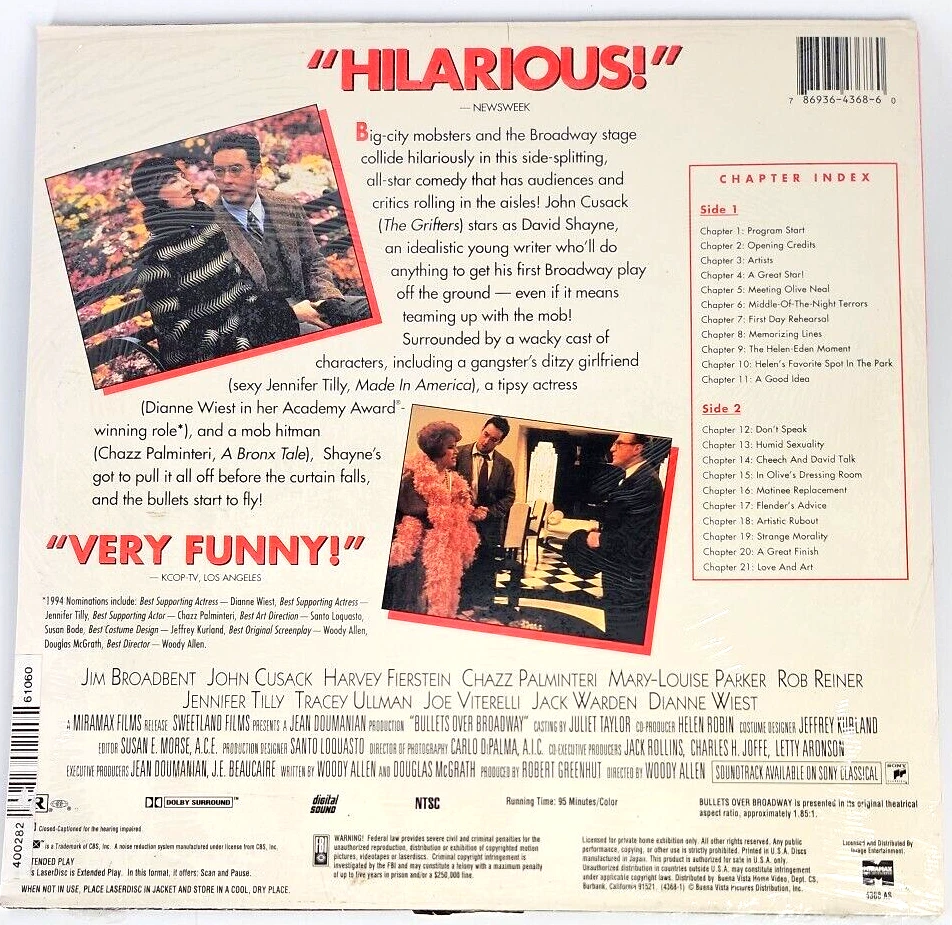Bullets Over Broadway Laserdisc Comedy John Cusack Jennifer Tilly Rated R VTG - Imagem 2 de 2