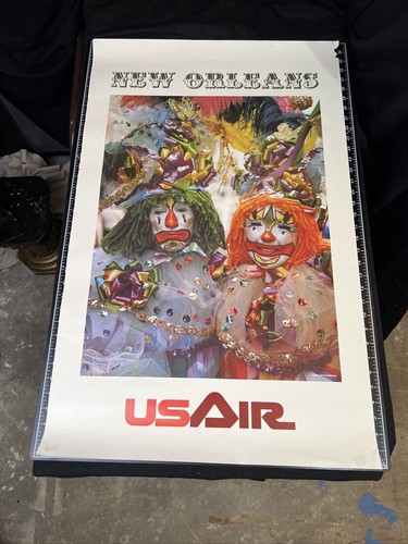 Vintage USAir US Airways Airlines New Orleans Mardi Gras Clown Circus Poster HTF