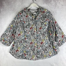 CJ Banks 1X Top Butterfly Floral Print Button Front Roll Tab Sleeve Butterflies