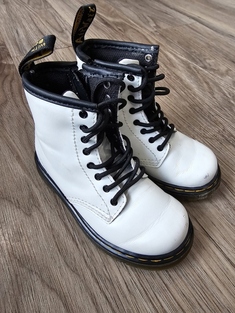 Dr Doc Martens 1460T White Leather Combat Lace Up Zip Boots