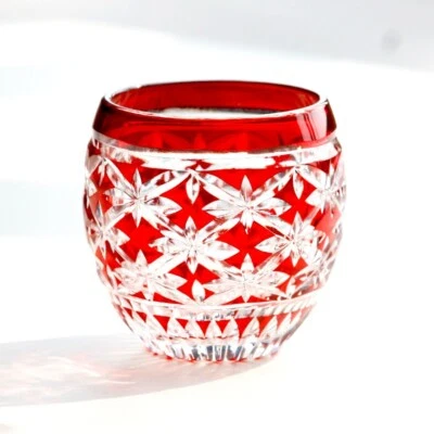 UNMARKED Edo Kiriko Glass Cup Small Shot Glasses For Sake Handmade Colored Glass 3oz Red