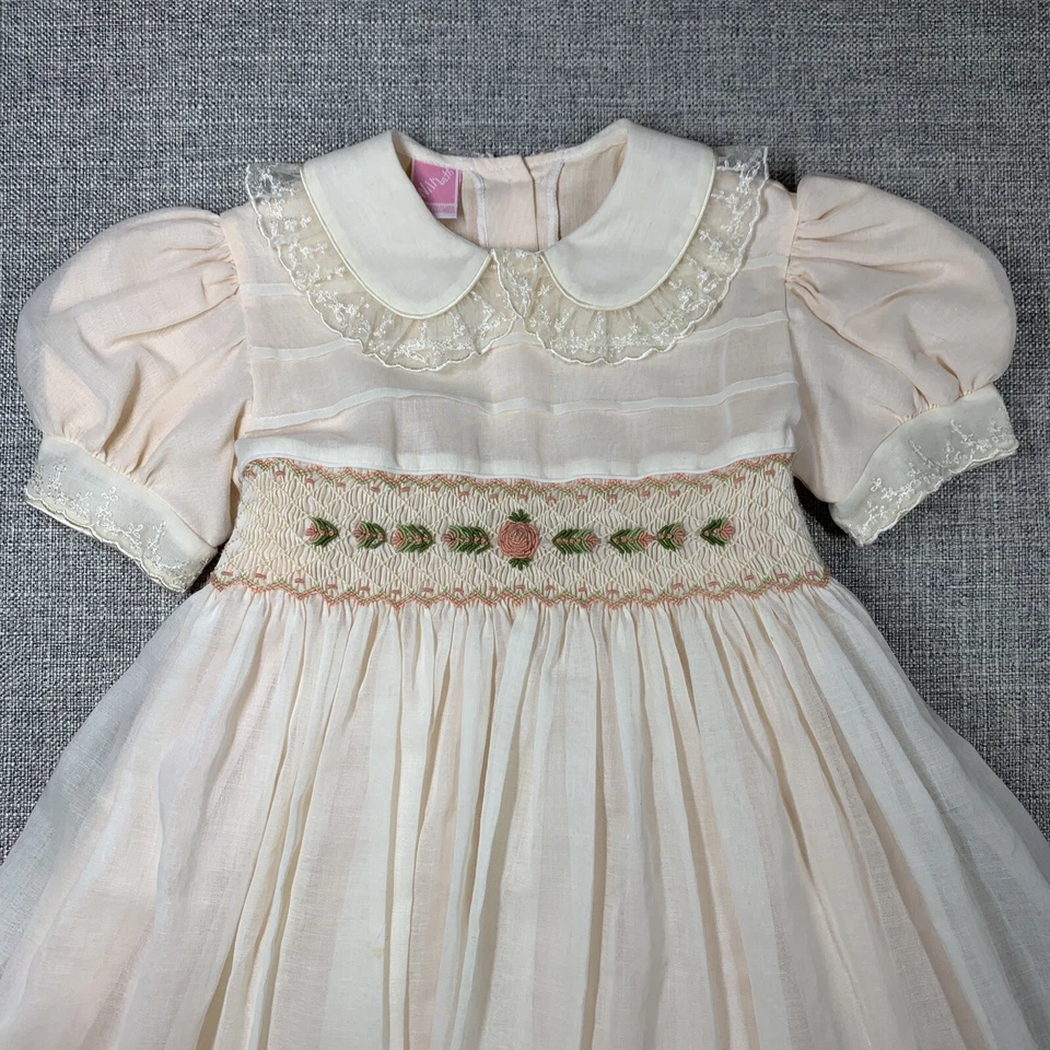 Vestido de fiesta vintage de los 90 para niñas talla 4 crema y coral gasa encaje en capas Foto 3 de 4