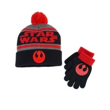Boys' Star Wars Rebel Alliance Red Black Cuff Pom Beanie Gloves Set 4-10 NWT