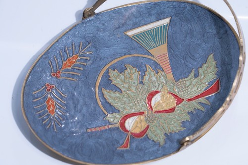 Vintage Cloisonne Enamel Brass Handled Basket Horn Holly Oval Shape 7.5 " India - Picture 2 of 4