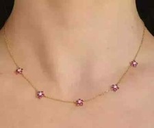 2Ct Round Lab Created Pink Ruby Diamond Flowers Necklace 14K Yellow Gold Plated