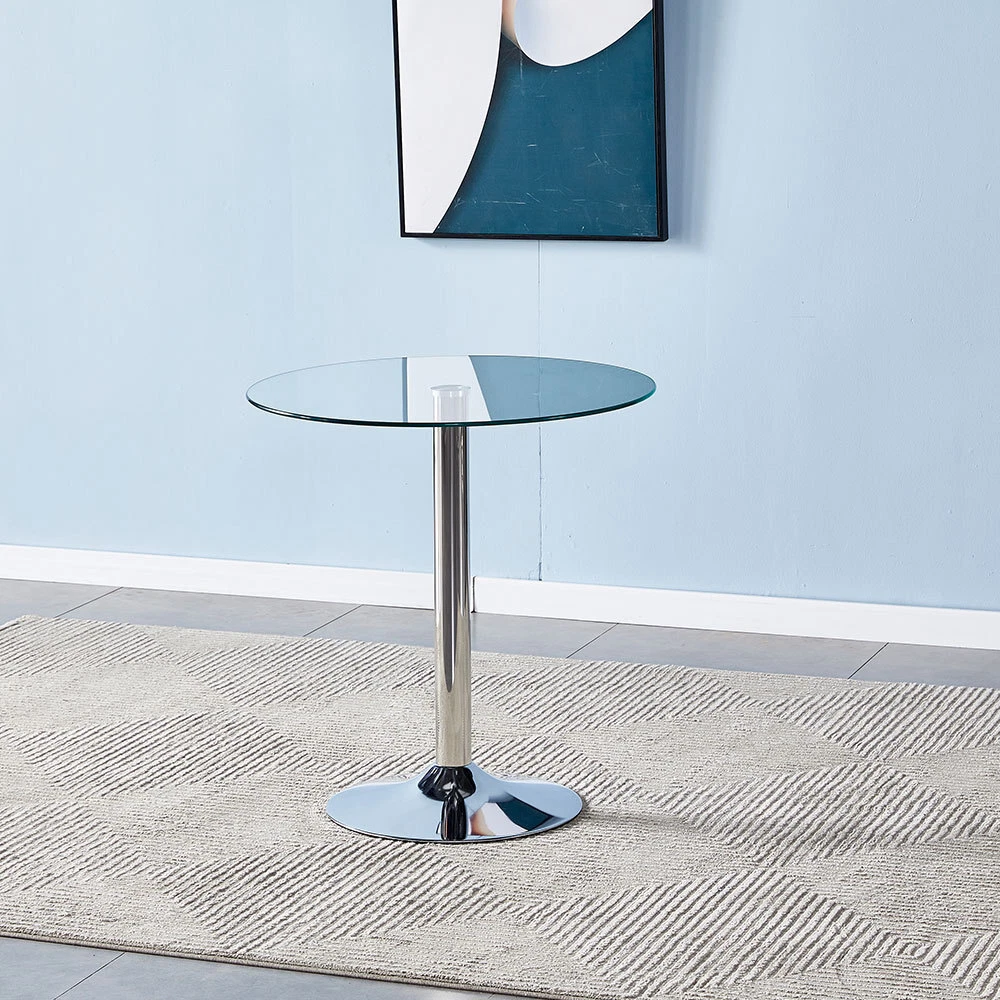 Tempered Glass Kitchen Dining Table 70cm Round Pedestal Coffee Table Chrome Base