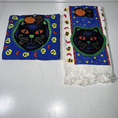 VTG Halloween Kitchen Oven Mitt w/Hanging Loop & Hand Towel 3D Glow In The Dark