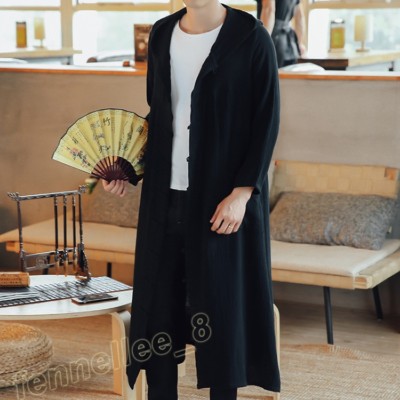 Mens Vintage Cotton Linen Hooded Frog Cape Loose Long Trench Coat Jacket Outwear