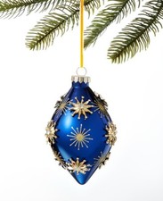 Holiday Gold Star Snowflakes Royal Blue Egg Teardrop Christmas Ornament 5.75"
