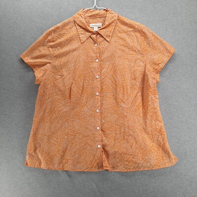 Coldwater Creek Blouse Womens XL 18 Orange White Geometric Short Sleeve Button