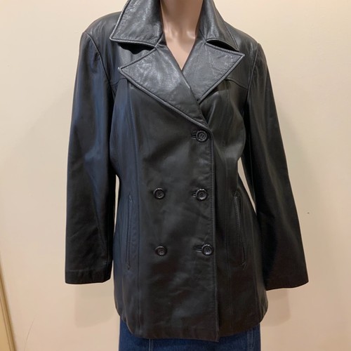 M JACQUELINE FERRAR LEATHER JACKET BLACK SIZE Medium Mid Length City Dress Coat - Picture 2 of 11