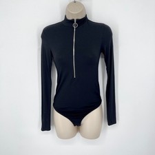 Enza Costa Women's Italian Viscose Mock Neck Zip Front Bodysuit NEW Sz XS Black