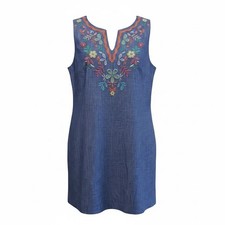 Talbots Linen Blend  Shift Dress Size 14 Blue Embroidery Floral Vneck Sleeveless