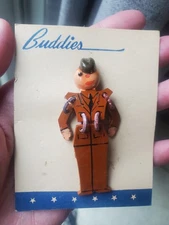 1940's Celluloid Buddies Soldier Brooch Original Card  WW2 