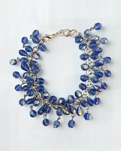 VERY FLASHY SILVER TONE BLUE MULTI COLOR GLASS DANGLE FASHION BRACELET - Picture 2 of 3