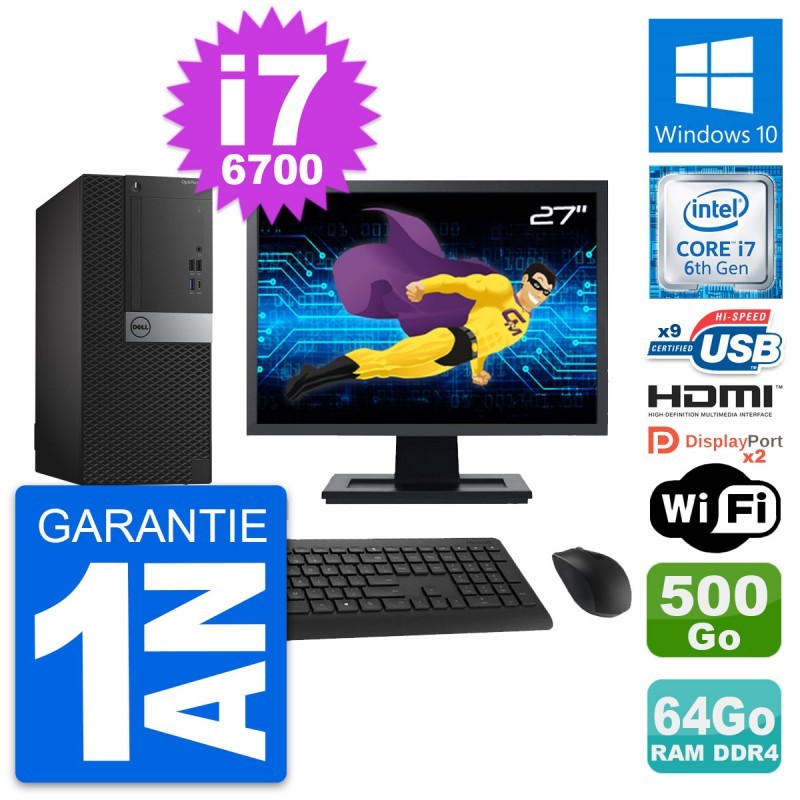 PC Tour Dell 7050 Ecran 27" i7-6700 RAM 64Go Disque 500Go HDMI Windows 10 Wifi