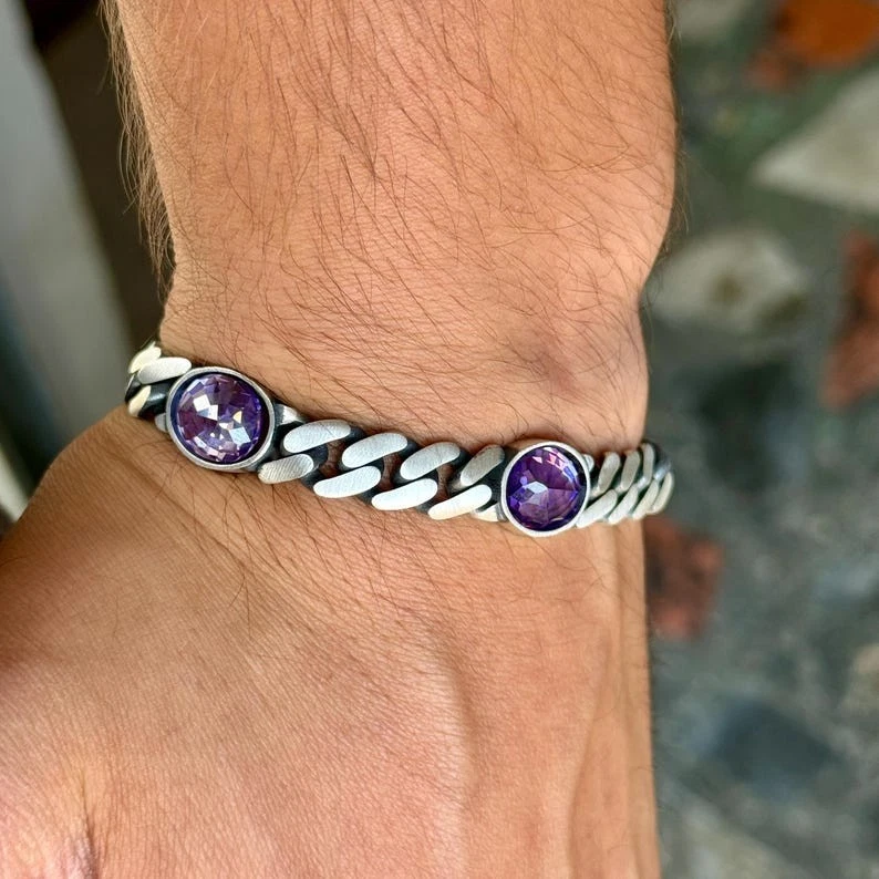 Pulsera de cadena de plata maciza con bordillo de amatista, pulsera de cadena de eslabones cubanos de 10 mm Foto 3 de 4