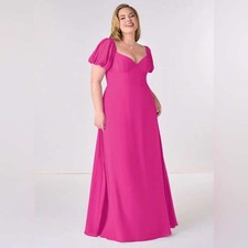 Azazie Barbie Pink Maxi Dress 1003 Puff Sleeve Bow Back Chiffon Gown A12 NEW
