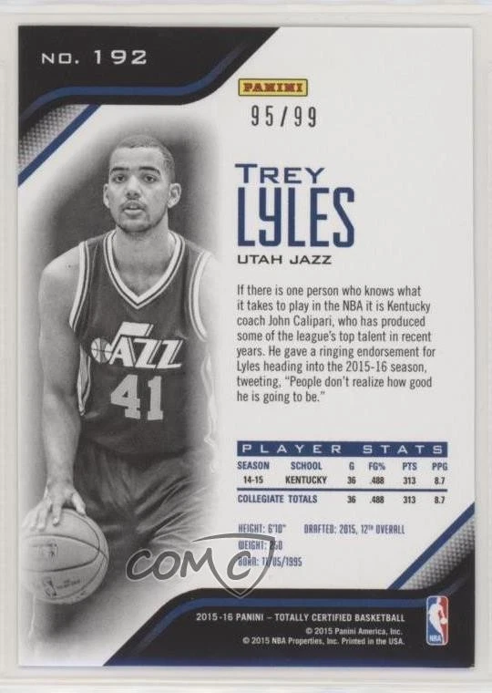 2015 Panini Totally Certified Rookies Mirror Blue /99 Trey Lyles #192 Rookie RC - Image 2 of 2