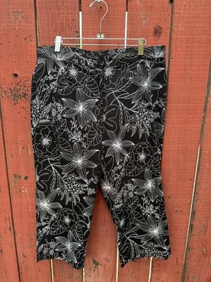 Avenue Black White Pants Tropical Beach Hawaiian Hibiscus Summer Vacation Aloha