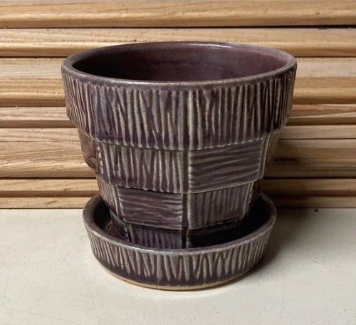 Vintage McCoy Pottery Dark Purple Basketweave Flower Pot With Saucer 4" Tall