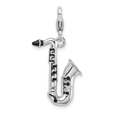 Sterling Silver 3-D Enameled Saxophone Charm Pendant with Fancy Lobster Clasp