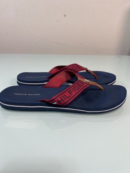 Tommy Hilfiger Logo Flip Flops Navy Red Beach Sandals Women's 10-11.