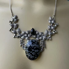 VTG Artisan Pendant Necklace 15" Snowflake Obsidian Floral 925 Sterling 30.7g