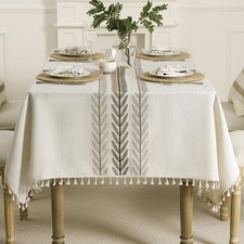 Cotton Linen Rectangle Tablecloth with Tassel for Dining Table, Heavy Duty Fl...