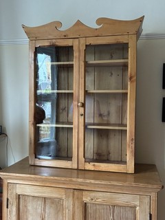 Antique Pine Old Glazed Display Cabinet with Ornately Carved Top