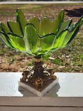Vintage MCM Hollywood Regency Green Prism Bowl on Brass pedestal & Marble 