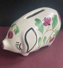 Vintage Hand Painted Arthur Wood Ceramic Floral Piggy Bank 5441 With Stopper