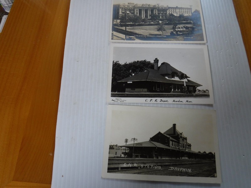 3 RPPC RAILROAD DEPOT POSTCARDS WINNIPEG, MARDEN, DAUPHIN MANITOBA CANADA