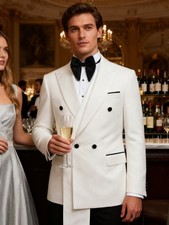 White Men's Suits Satin Streamer Jacket Peak Lapel Formal Wedding Groom Party
