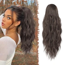 FESHFEN Ponytail Extensions, Long Curly Wavy Hair, Medium Brown, 18 inch