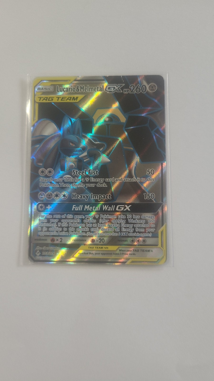 Pokemon Lucario & Melmetal GX 203/214 SM Unbroken Bonds Full Art TAG TEAM Holo