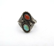 Vintage Native American Silver Rope Snake Coral Turquoise Design Ring, Size 8