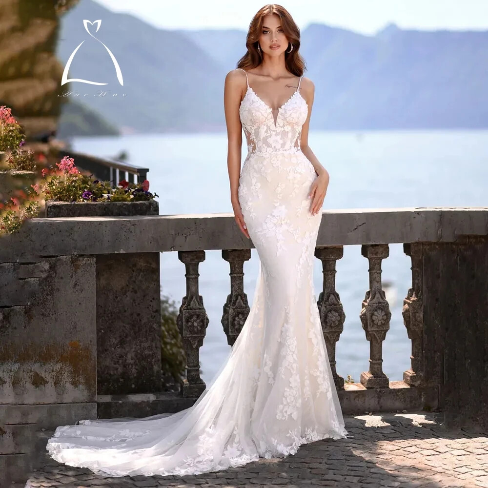 Mermaid Wedding Dress V-Neck Spaghetti Straps Lace Applique Backless Bridal  Gown | eBay