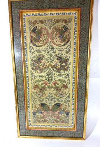 Antique Chinese Silk Embroidery Panel Good Fortune Roosters Dragons Lions Bats - Picture 9 of 9