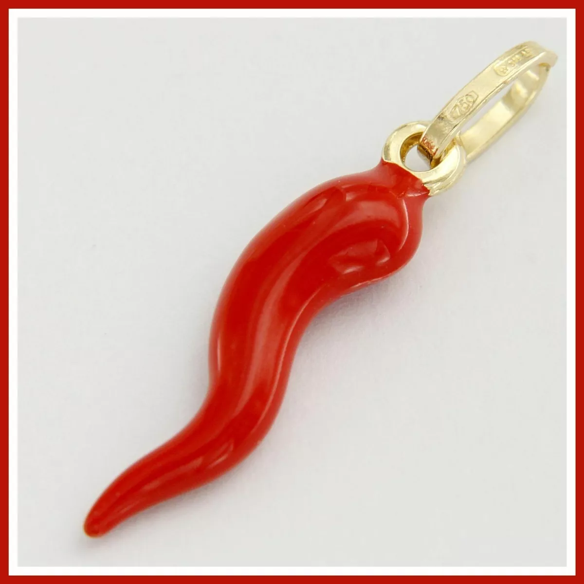 18k Real Yellow GOLD Italian Horn Cornicello Red Enamel Good Luck