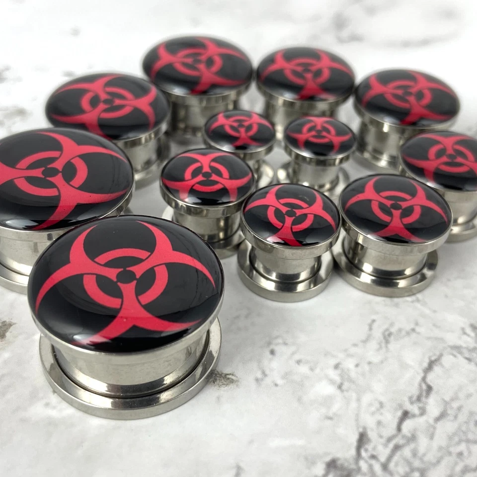 一对黑色和红色螺丝生物危害图片插头仪表 16 克至 1 英寸 — 第 4/4 张图片