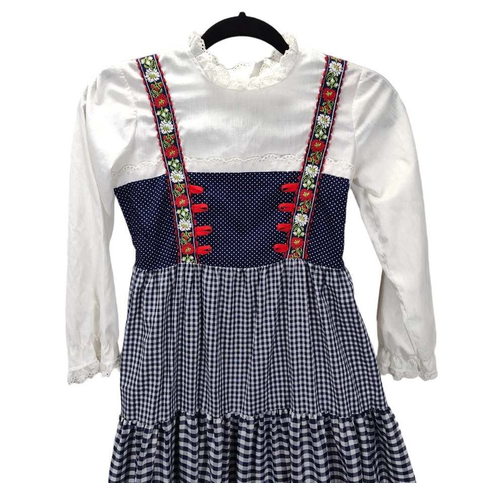 Maxi Vestido Pradera Vintage Años 70 Niñas Talla L Azul Guinga Borde de Ojales en Niveles Foto 3 de 4