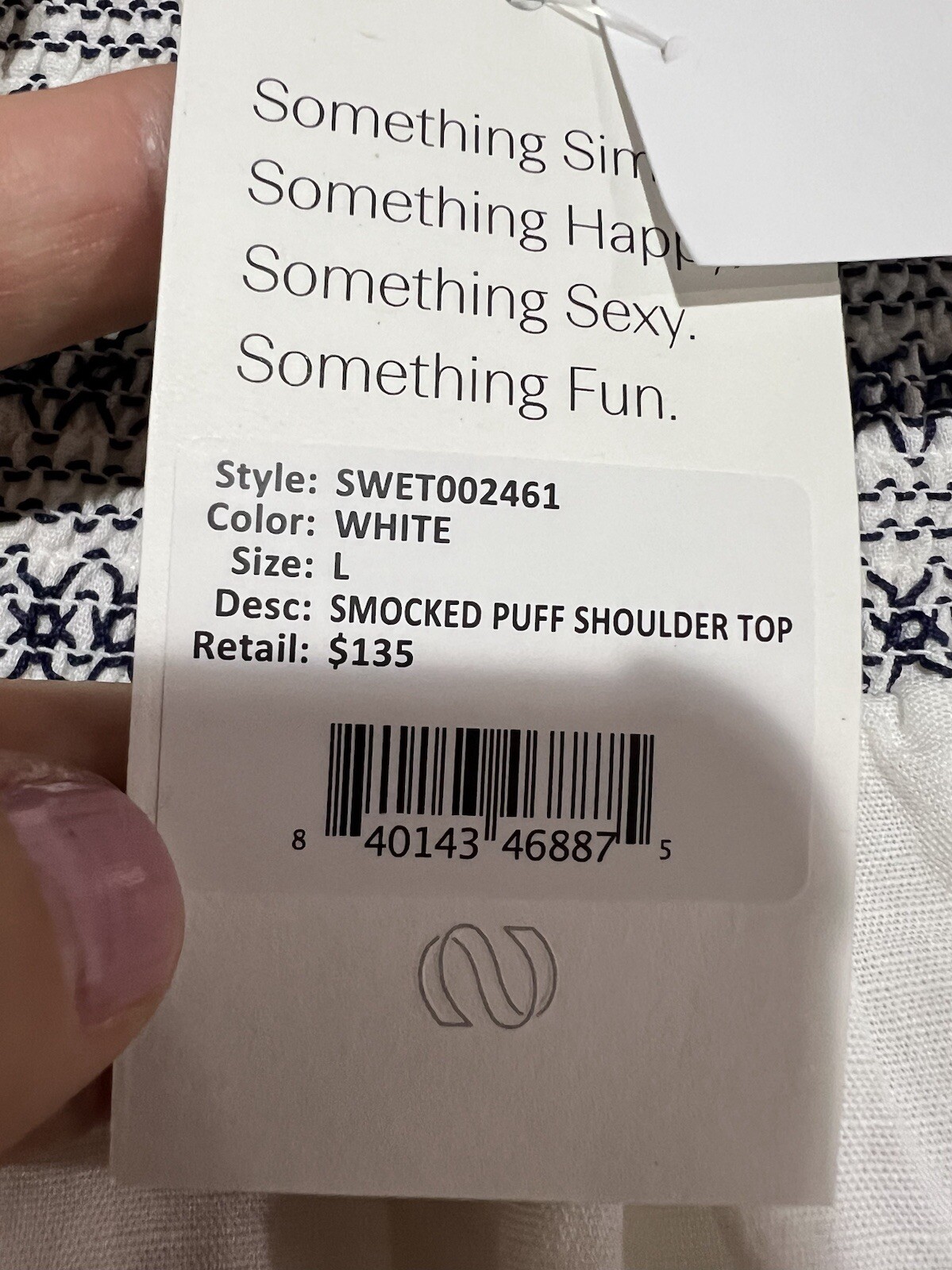 Something Navy Women Top White Linen Blend Smocked Puff Shoulder Size L $135 image 6