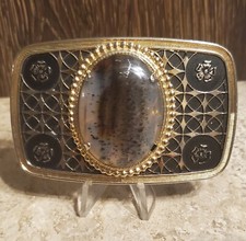 Vintage Western Belt Buckle Polished Oval Agate Stone USA Made Gold Tone / Black
