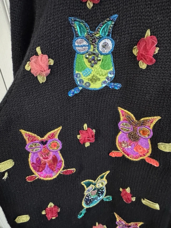 Cárdigan suéter Jack B.Quick negro tejido apliques de búho con joyas talla L Foto 3 de 4