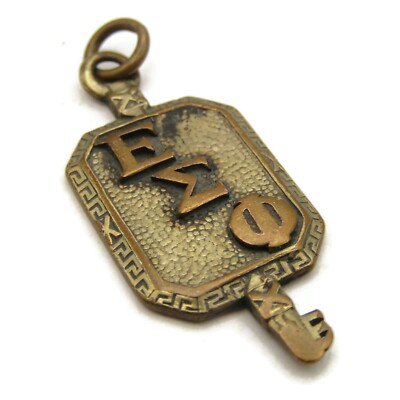 Vintage Epsilon Sigma Phi ΕΣΦ Fraternity Key Charm Pendant Fob Brass Tone Metal