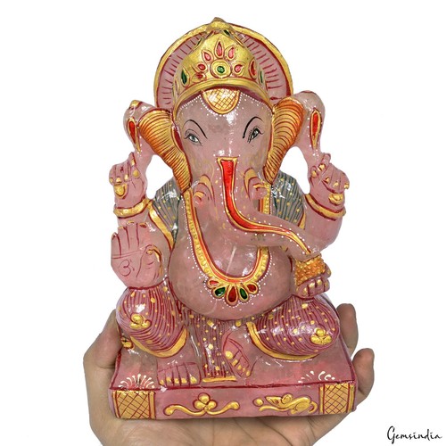 7.5" Rose Quartz Handmade Carving of Ganesh - Handpainted Lord Ganesha Statue