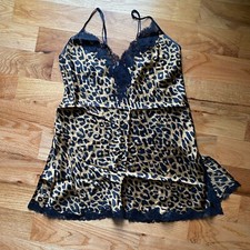 Vintage Victoria  s Secret Leopard Print Lace Satin Silky Mini Chemise Slip