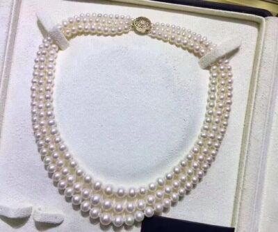 triple strands 7-9mm south sea white pearl necklace 18''19''20'' 14k Gold F